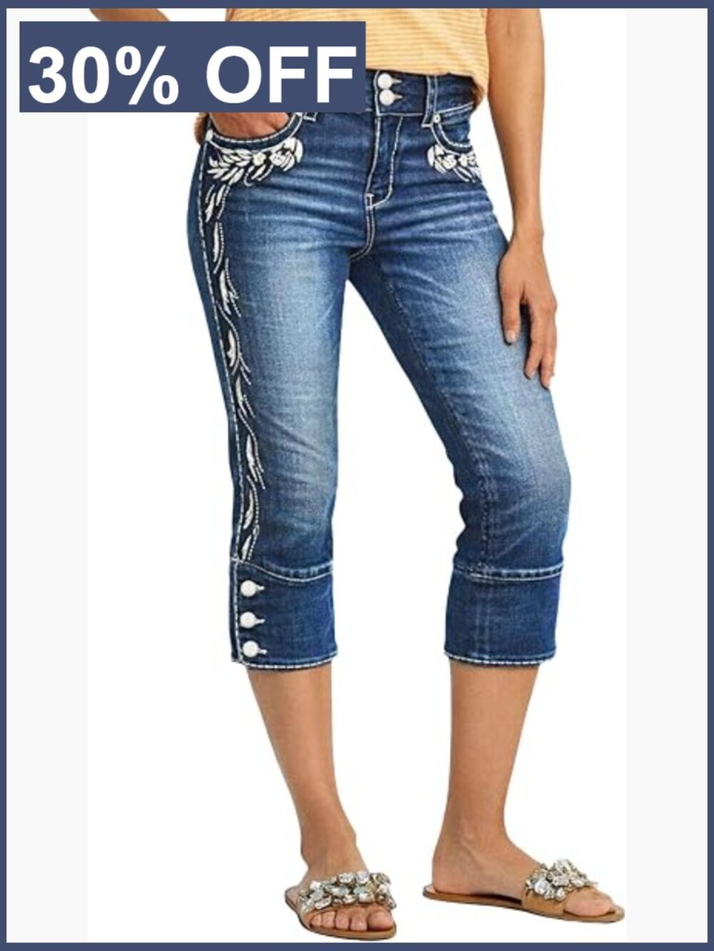 High Waist Skinny Capri Jeans with Plant Embroidery Button Decor